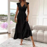Women Summer V Neck Ruffle Sleeveless Midi Dress Elastic Waist Pleated Chiffon Long Dress Elegant Ruffle Hem Maxi Dress