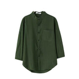 Men's Linen Three-Quarter Sleeve Shirts Solid Color Crew Neck Korean Style Trendy Casual Blouses