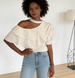 New Arrival Women's Halter Off-Shoulder T-shirt with Polka Dot Ruffle Women's Short Sleeve Top
