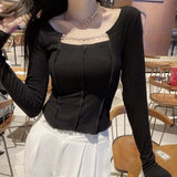 Square Collar Irregular Blouse Lightweight Crop Top Slim-fit Long Sleeve T-shirt