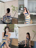 Ribbed A-line Dress Knitted Contrasting Colors Bodycon Dress Slit Sexy Cami Dress