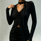 American Style Stitching Pleated Flower V-neck Long-sleeved T-shirt Women's Spring New Sweet and Hot Style Slim-fit Short Top