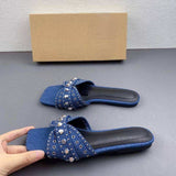 Women's Lux Anti-Slip Rhinestone Sandals - Stylish Denim Flat Shoes for Indoor & Outdoor Use