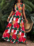 Women's Long Flare Dress Tropical Printed V-Neck Slim Dress Twisted Knit Waist Design Dress