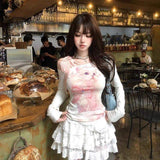 American-style Spicy Cat Y2K One-character Collar Long-sleeved T-shirt Women's Open-shoulder Lace Stitching Trendy Top