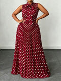 Plus Size Women Polka Dot Sleeveless Maxi Dress Bow Tie Collar Pleated Flowy A-Line Long Sundress Vintage Elegant Dress