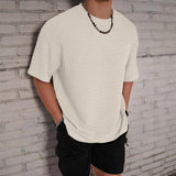 Men Waffle Hollow Knit T Shirt Solid Crew Neck Loose Fit Breathable Short Sleeve Streetwear Casual Top