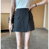 Women High Waist Button Irregular Skort Solid Suit Fabric Wrap Mini Skirt Office Elegant Ladies Short Skirts With Faux Pockets