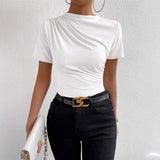 Spring/summer Small High Collar Pleated Slim Short Sleeve Ladies' T-shirt