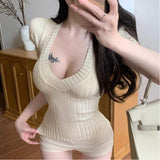 Women Yellow Ribbed Knit Top, V-Neck Short Sleeve Stretchy Fitted T-Shirt, Slim Waist Basic Tee