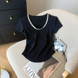 Women's Rhinestone Trim Crew Neck T-Shirt White Short Sleeve Ruched Slim Fit Casual Tops for Daily