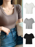 Women Wide U Neck Vertical Ribbed Knit Crop Short Sleeve T Shirt Slim Fit Solid Color Stretch Versatile Basic Daily Tee Tops