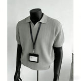 Men Vertical Rib Knit Polo Shirt V Neck Lapel Collar Short Sleeve Slim Fit Knitted T Shirt Daily Business Casual Tops