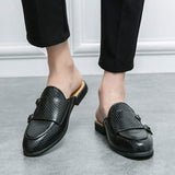 Closed Toe Men Mules PU Leather Monk Strap Design Backless Half Loafers Men Home Slippers