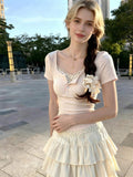Women Faux Two Piece Ribbed Knit T-shirt Lace Trim U Neck Button Detail Slim Short Sleeve Crop Top Sweet Casual Daily Tees
