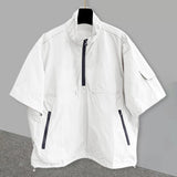 Men Half Zip Stand Collar Drawstring Hem Cargo Pocket Short Sleeve Pullover Top