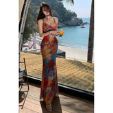 Women Built-in Bra Floral Mermaid Maxi Dress V Neck Spaghetti Strap Bodycon Dress Vintage Oil Painting Print Summer Sundress