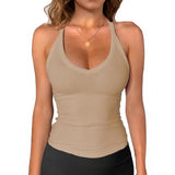 V Neck Halter Ribbed Tank Top Women Stretch Slim Yoga Sleeveless Fitness Camisole