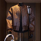 Men Brown Faux Leather Bomber Jacket Stand Collar Geometric Stitching Cropped Motorcycle Streetwear Outerwear