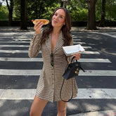 Fall New Eco - Friendly Woven Natural Waist Preppy Style Women's Long Sleeve V - Neck Button Front A - Line Dress - Zeprah