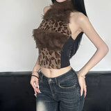 Fall Winter Party Faux Fur Leopard Vest - Women's Sexy Sleeveless Backless Top - Zeprah