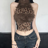 Fall Winter Party Faux Fur Leopard Vest - Women's Sexy Sleeveless Backless Top - Zeprah