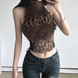 Fall Winter Party Faux Fur Leopard Vest - Women's Sexy Sleeveless Backless Top - Zeprah