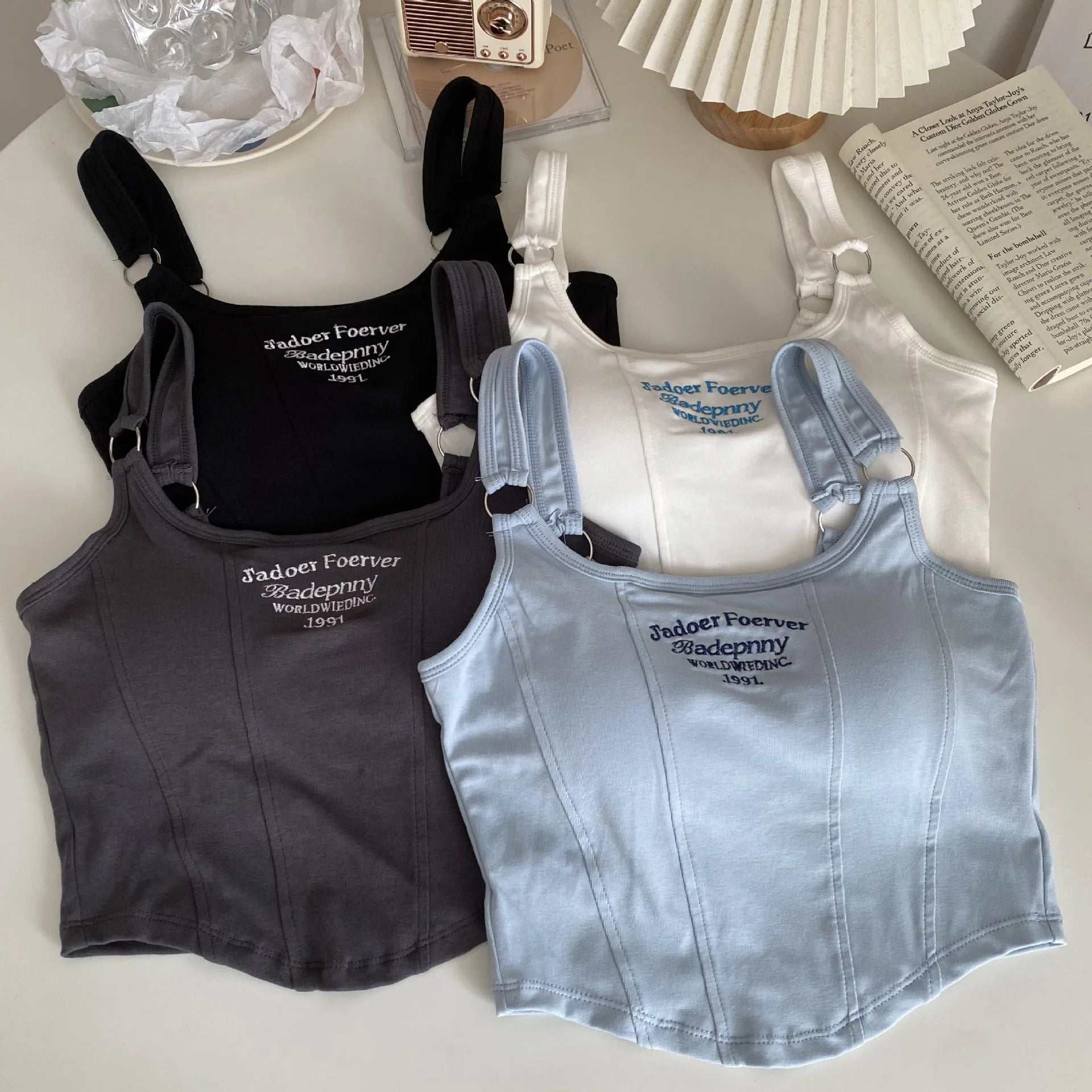 Fashion Ladies Camisole Striped Skinny Tank Top Women Embroidery Letter Bra Pad Shoulder Belt Iron Casual Crop Tops - Zeprah