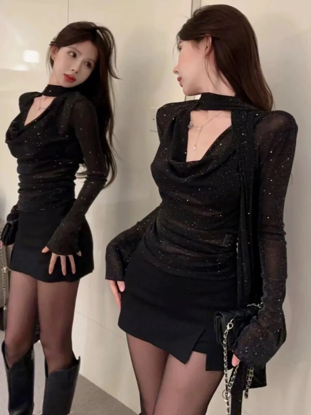 Fashion V - neck Swing Collar Top 2025 Spring and Summer New French Elegant Slim T-shirt Women - Zeprah