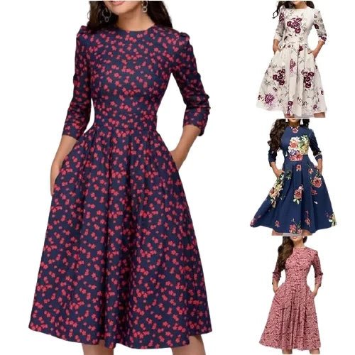 Fashion Women A - line Dress Party Retro Floral Round Neck Lady Dress - Zeprah