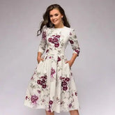 Fashion Women A - line Dress Party Retro Floral Round Neck Lady Dress - Zeprah