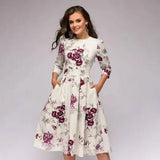Fashion Women A - line Dress Party Retro Floral Round Neck Lady Dress - Zeprah