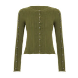 Fashionable Green Girl's Polyester Button Crocheted Cardigan with Elegant Temperament Long Sleeved Top Winter Casual - Zeprah