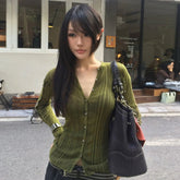 Fashionable Green Girl's Polyester Button Crocheted Cardigan with Elegant Temperament Long Sleeved Top Winter Casual - Zeprah