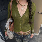 Fashionable Green Girl's Polyester Button Crocheted Cardigan with Elegant Temperament Long Sleeved Top Winter Casual - Zeprah