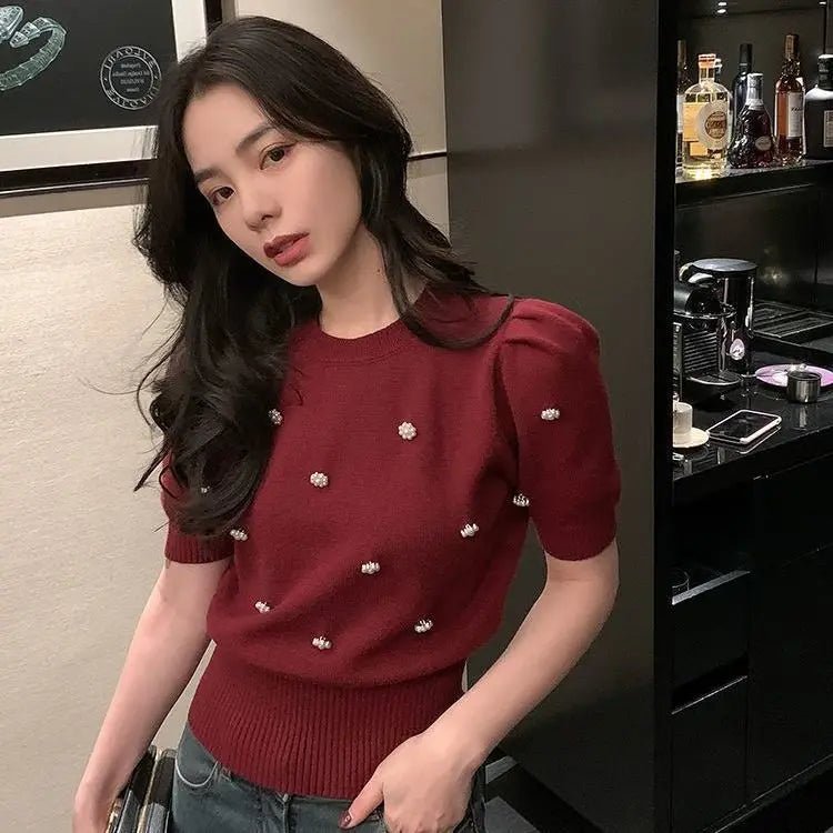 Fashionable Korean - style Knitwear Women's T-shirts Beads Exquisite Elegant Summer Slim New Style Knitwear Top All - match - Zeprah