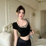 Faux Two - piece Leopard - Print Neck Tight Short T-Shirt Women's Sexy Sweet Cool Spice Girl Summer Top - Zeprah