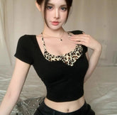 Faux Two - piece Leopard - Print Neck Tight Short T-Shirt Women's Sexy Sweet Cool Spice Girl Summer Top - Zeprah