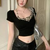 Faux Two - piece Leopard - Print Neck Tight Short Women's T-Shirt Sexy Sweet Cool Spice Girl Summer Top - Zeprah