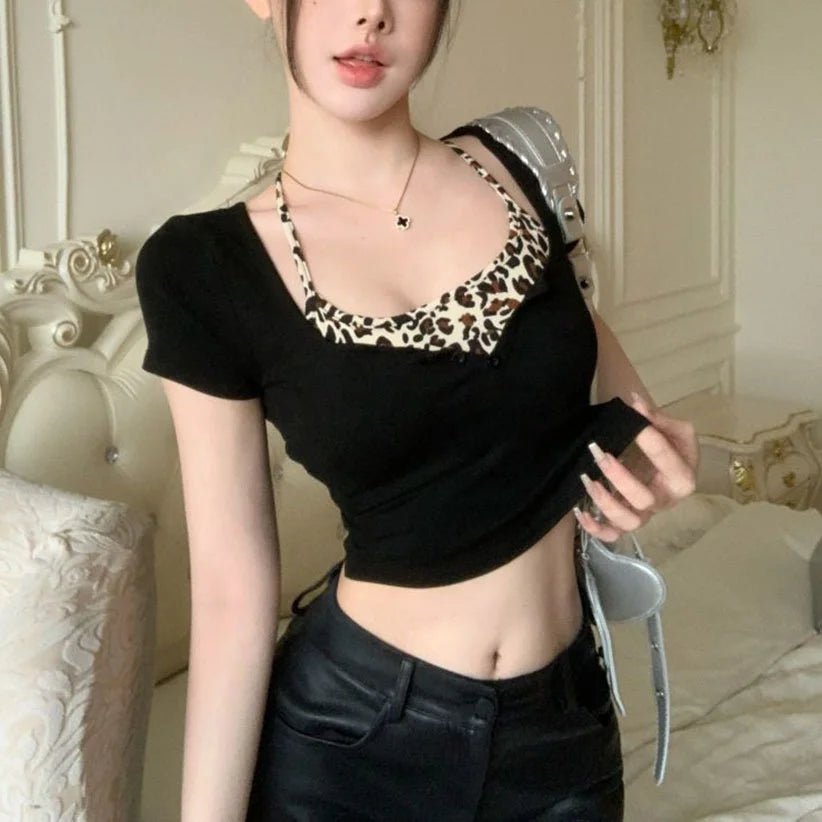 Faux Two - piece Leopard - Print Neck Tight Short Women's T-Shirt Sexy Sweet Cool Spice Girl Summer Top - Zeprah