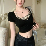 Faux Two - piece Leopard - Print Neck Tight Short Women's T-Shirt Sexy Sweet Cool Spice Girl Summer Top - Zeprah