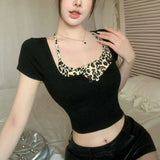 Faux Two - piece Leopard - Print Neck Tight Short Women's T-Shirt Sexy Sweet Cool Spice Girl Summer Top - Zeprah