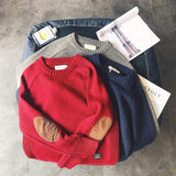 Wholesale Knitwear Soft Men's Knit Top Jumper Pullover Crew Neck Elbow Patches Solid Winter Warm Knitted Sweater