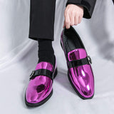 Mens Luxury Shiny Metallic Magenta Patent Leather Loafers Slip on Dress Shoes With Buckle Strap for Wedding Party Prom