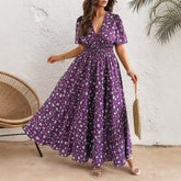 Plus Size Women Ditsy Floral Print V Neck Puff Short Sleeve A-Line Maxi Dress Flowy Summer Sundress Ladies Casual Long Dress