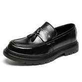 Thick Sole Height Increasing Tassels Loafers Classic Microfiber Men Dress Shoes Black Shoes