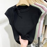 Strap Round Neck Short Sleeve T-shirt Knitted Trendy T-shirt 2025 Summer Slim-fit Tops for Women