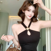 Women Built-in Padded Metal Ring Halter Tank Top Front Keyhole Cutout Side Ruched Slim Fit Cropped Sleeveless Camisole Vest