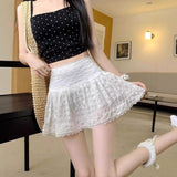 Women Lace Ruffle Tiered Mini Skirt White Textured Cake Skirt High Waist Sweet Girls Casual Summer Lace Short Skirts
