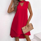 Women Solid Sleeveless Shift DressCutout Front Layered Irregular Hem Mini Dress Elegant Office Casual Party Tunic Dress